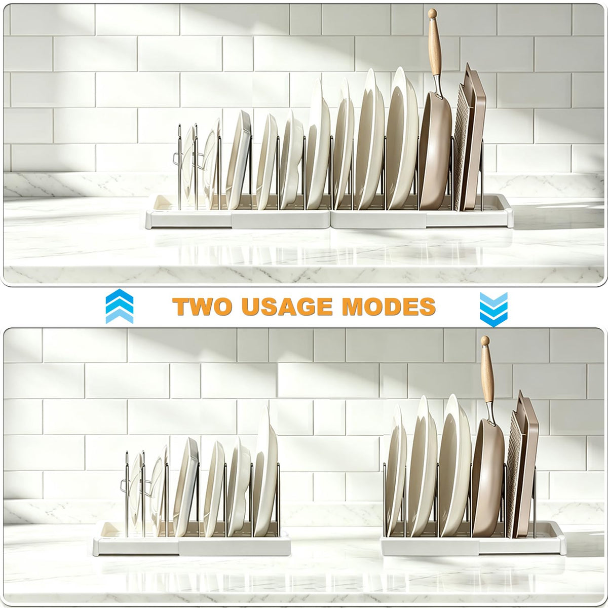 Expandable Pots and Pans Organizer Rack with 12 Stainless Steel Dividers