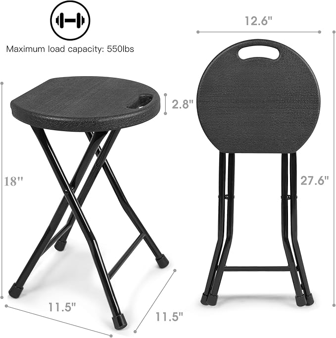 Folding Stool - 550lbs Capacity, Foldable Handle, Portable Heavy Duty, Outdoor/Indoor, 18 Inch Collapsible for Camping & Home (Set of 1, Black)