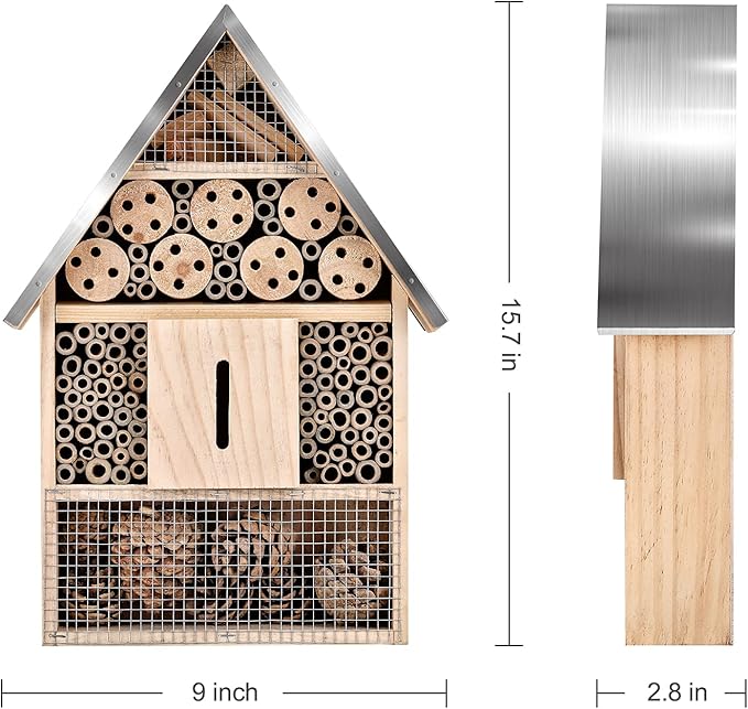 Wooden Mason Insect Bee Butterfly House,Insect Hotel,an Outdoor Hanging Bamboo Habitat for Bee Butterfly Ladybugs Live,Bee Box,Butterfly Habitat for Garden,9 x 15.7 x 2.5 Inch