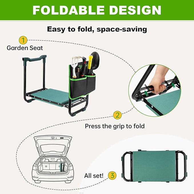 Bluesea Garden Kneeler and Seat - 2-in-1 Heavy Duty Garden Stool & Thick Kneeling Pad with Tool Pouch, Foldable Garden Bench for Planting, Weeding, Seniors, Women (350lbs Capacity)
