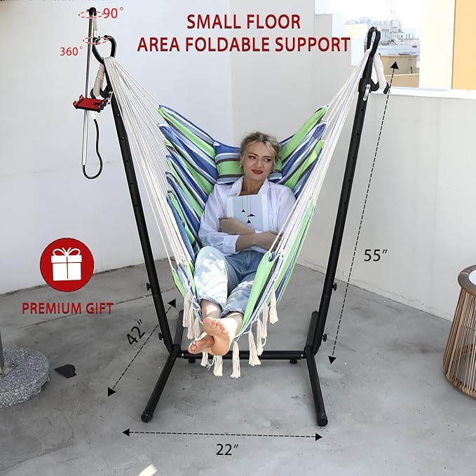 ZEYU Hammock Chair with Stand Double Hammock Chair Bohemian Style with Tassel Mobile Phone Support Manual Adjustable Swing Indoor and Outdoor Garden Porch with Floor mat Reclining Capacity 400 pounds