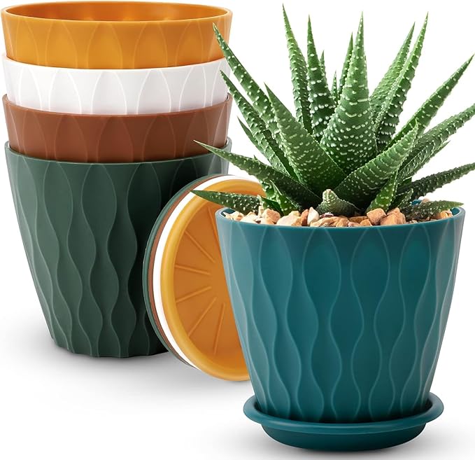 6 inch Plant Pots, 5 Pack Flower Pots Outdoor Indoor, Planters with Drainage Holes and Tray Saucers（Multicolor）