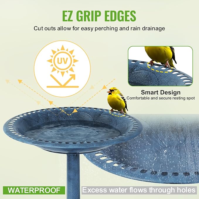 Backyard Expressions Outdoor Garden Bird Bath - Blue - Weather Resistant Polyresin - 27 Inch