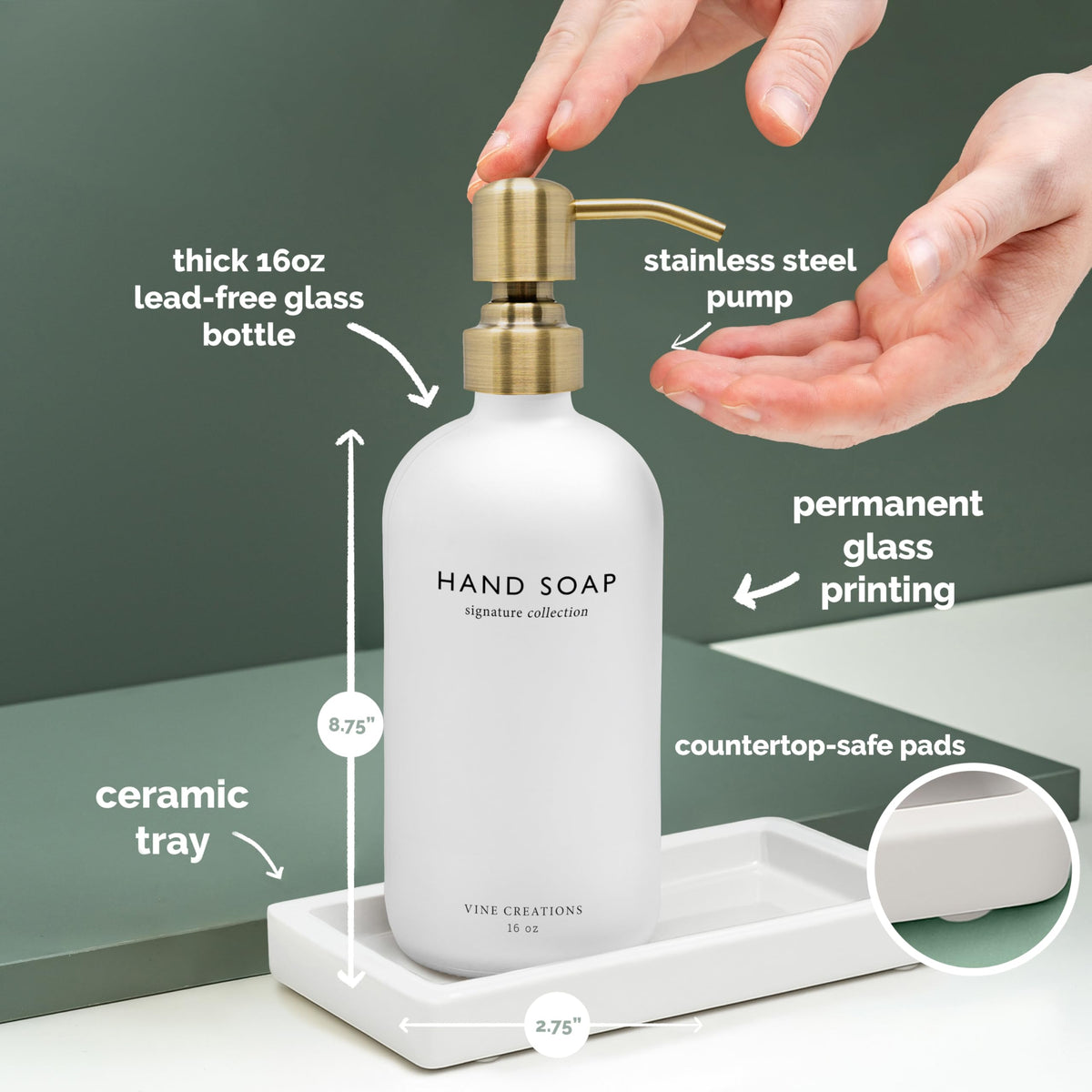 Vine Creations Glass Soap Dispenser Set, Kitchen Soap Dispenser Set with Ceramic Tray, 16 oz Dish Soap and Hand Soap Dispenser Set with Stainless Steel Pump Decor (White Bottle/Brushed Brass)