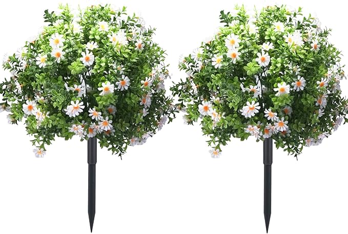 23.6" Artificial Boxwood Topiary Ball Trees with White Flowers, Set of 2 UV Resistant No Fade Outdoor Faux Plants with Ground Spike, Fake Shrubs for Garden, Patio, Porch, Yard, Indoor Decor