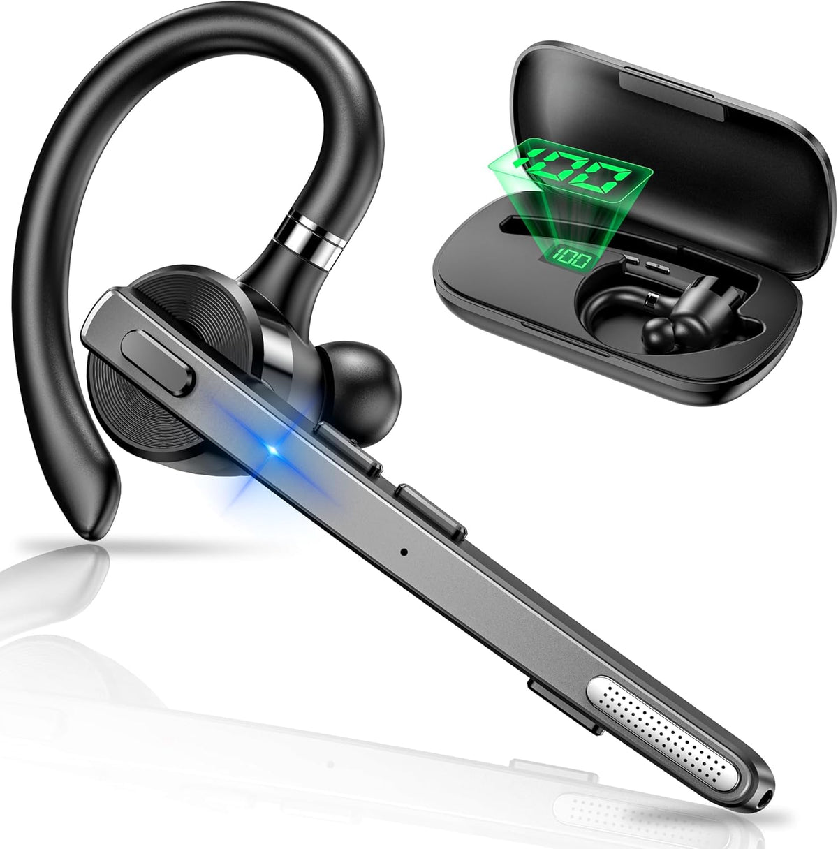 FEYCH Bluetooth Headset, Bluetooth Earpiece with 500mAh Charging Case 72H Talktime ENC Noise Cancelling Microphone V5.1 Hands-Free Wireless Headset for Cell Phone Call Office Business Driving