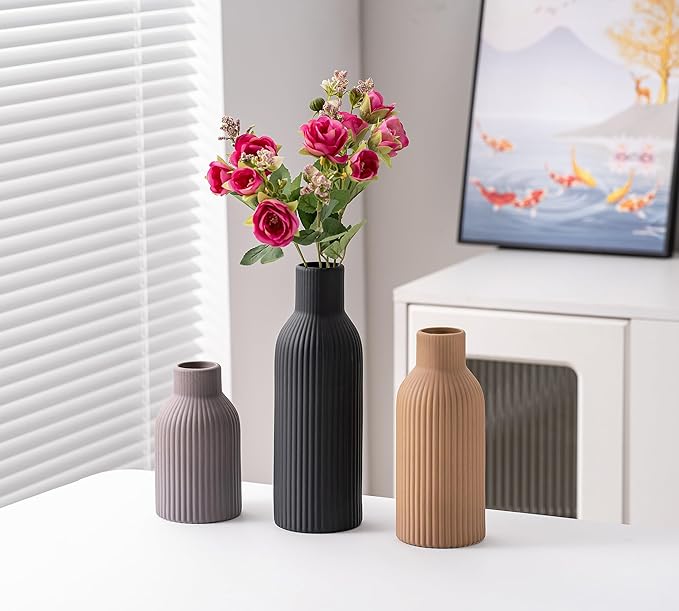 Ceramic Vase Set of 3, Flower Vases for Spring Room Decor, Kitchen Farmhouse, Modern Boho Style(Khaki/Black/Grey)