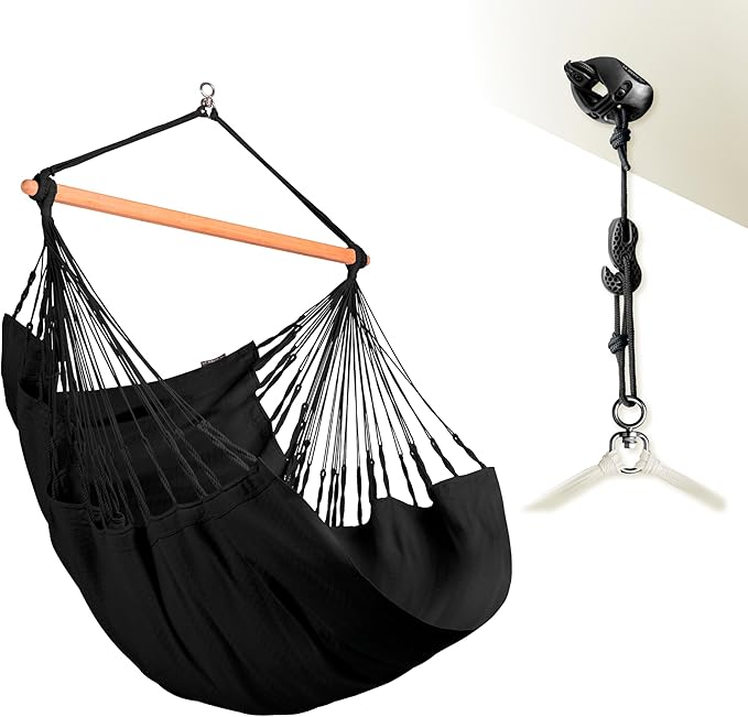 LA SIESTA® - XL King Habana Cotton Hammock Chair & CasaMount - Hanging Chair w/Suspension Kit for Walls Ceilings & Square Beams - Indoor Outdoor Swing Hanging Chair Bedroom Patio Balcony - Onyx