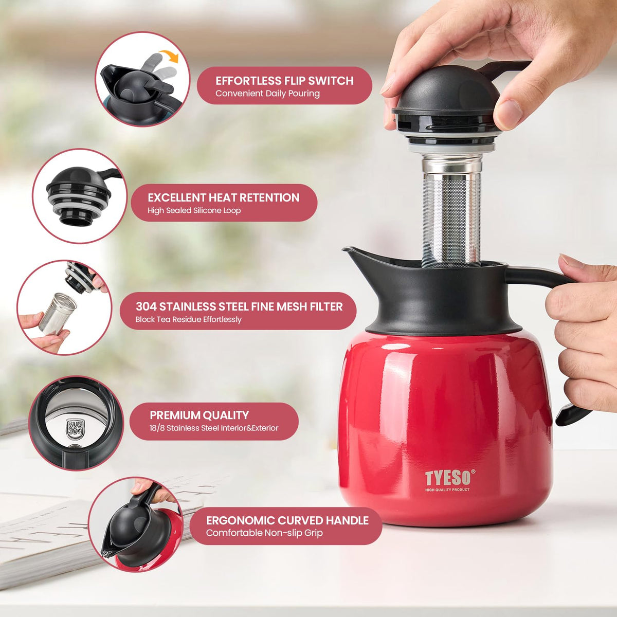 TYESO Vacuum Insulated pot, Portable Stainless Steel Tea/Coffee Pot with Strainer, Storage, for Tabletop Use, with Strainer (RED, 34 oz)