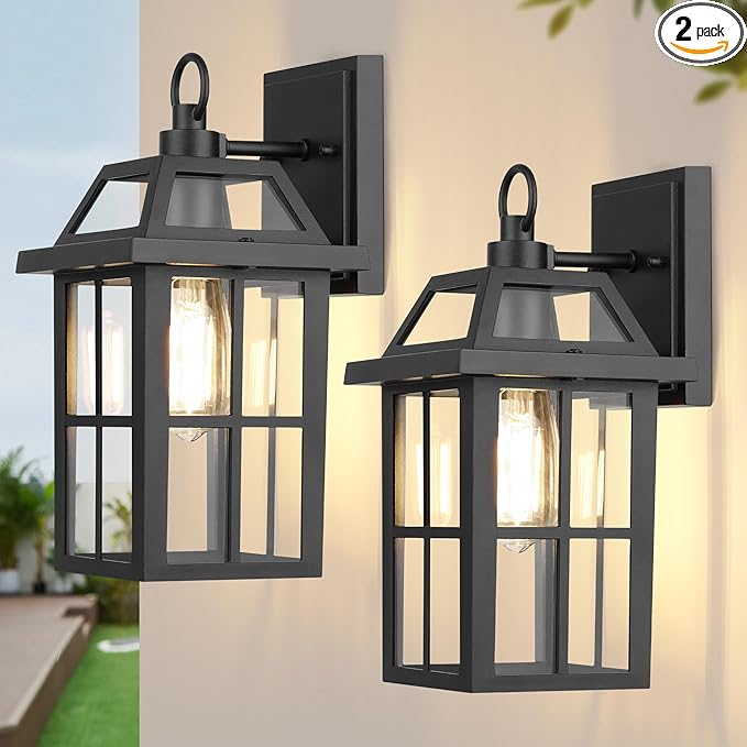 WIHTU Outdoor Wall Lantern, Waterproof Wall Sconce Light Fixtures, Porch Lights with Glass Shade, Exterior Light Fixtures, Aluminum Mount Lanterns, Anti-Rust Front Door Mount Lighting, 2 Pack