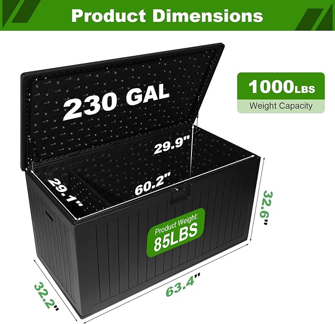 260 Gallon Outdoor Storage Box Waterproof, Extra Large Plastic Outside Deck Box Weatherproof, Resin Patio Storage Bin with Lock and Lids for Pool Equipment, Cushion, Black