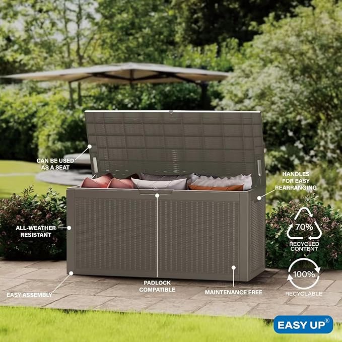 102 Gallon Outdoor Storage Box Waterproof, UV Resistant Resin Deck Box with Hydraulic Rod, Lockable Design and Enhanced Durability for Patio, Garden, and Poolside Use