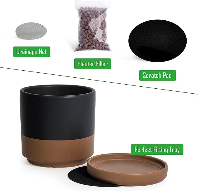 D'vine Dev Set of 2 Plants Pots, 4.6 Inch Ceramic Planter Pot for Plants with Drainage Hole and Saucer, Black/Speckled Tan, 94-V-B-7