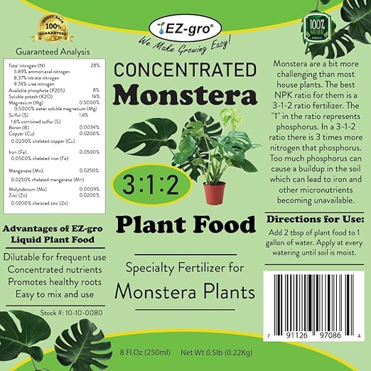 EZ-GRO Professional Liquid Monstera Plant Food - 8 oz | 3:1:2 Ratio of Concentrated Indoor Plant Food | Monstera Fertilizer for Strong Growth | Liquid Fertilizer for Indoor Plants