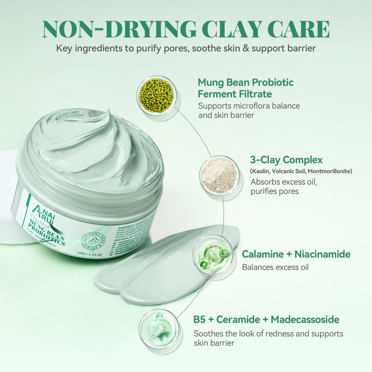 ANAI RUI Mung Bean & Probiotics Clay Mask, 4.23oz