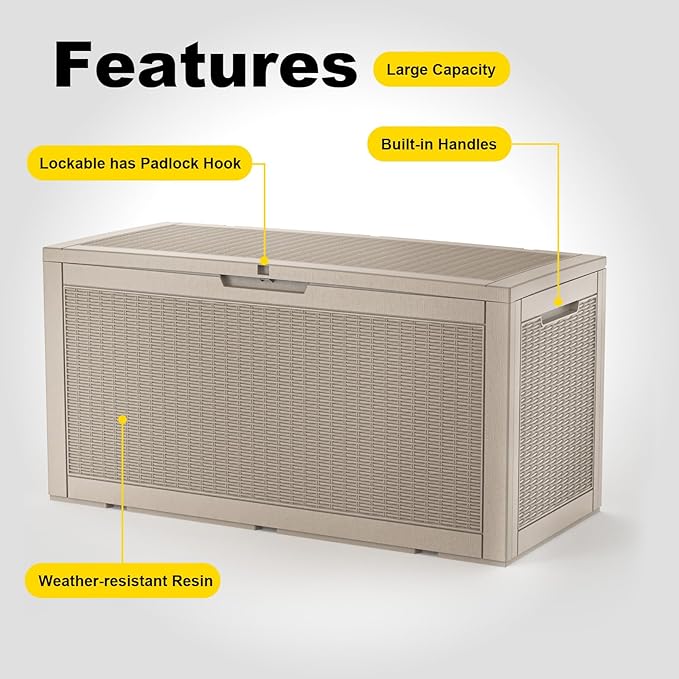 102 Gallon Outdoor Storage Box Waterproof, UV Resistant Resin Deck Box with Hydraulic Rod, Lockable Design and Enhanced Durability for Patio, Garden, and Poolside Use