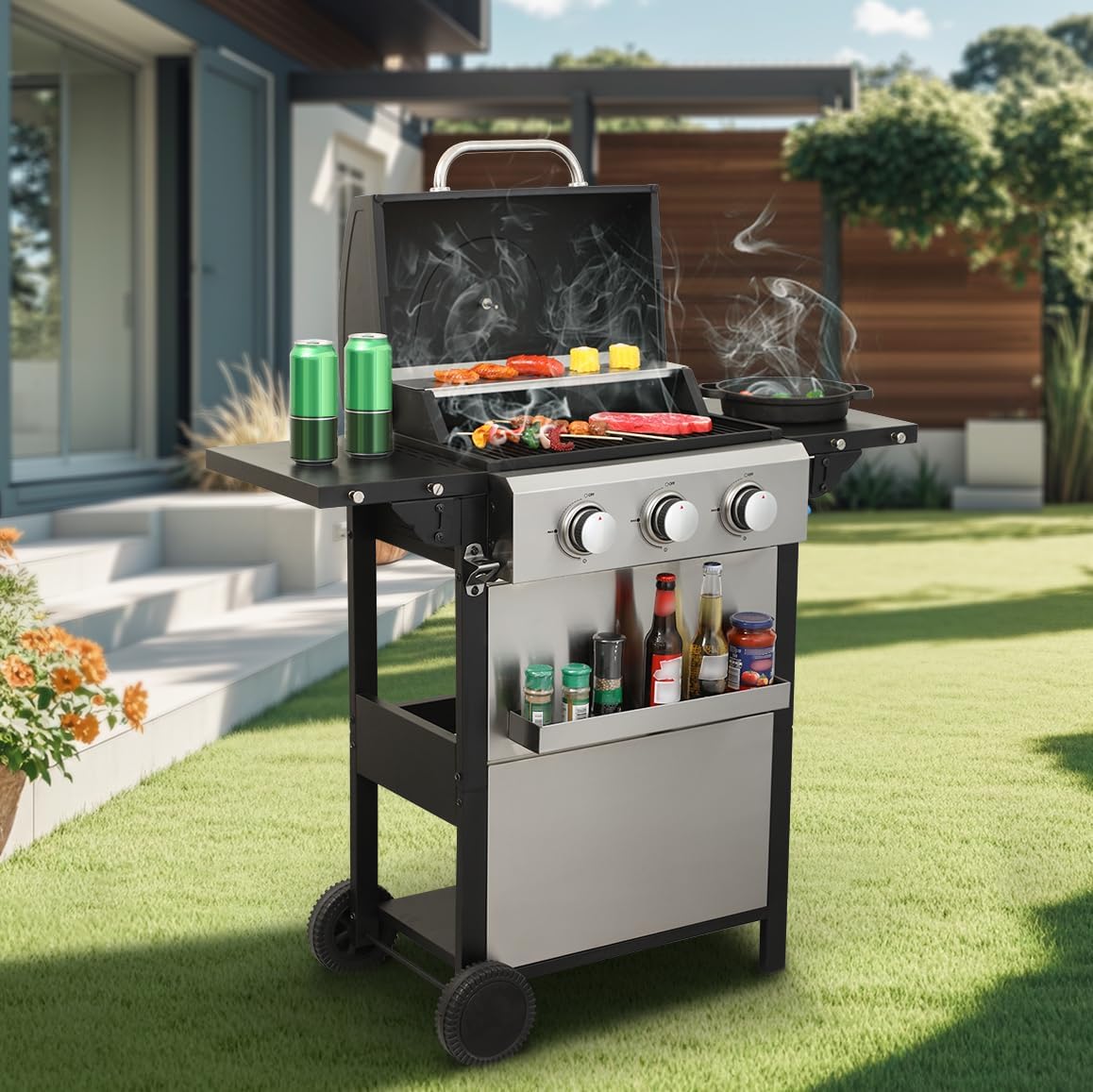 3-Burner Propane Gas BBQ Grill with Side Burner - Stainless Steel 30,000 BTU Patio Garden Barbecue Grill with Two Foldable Shelves