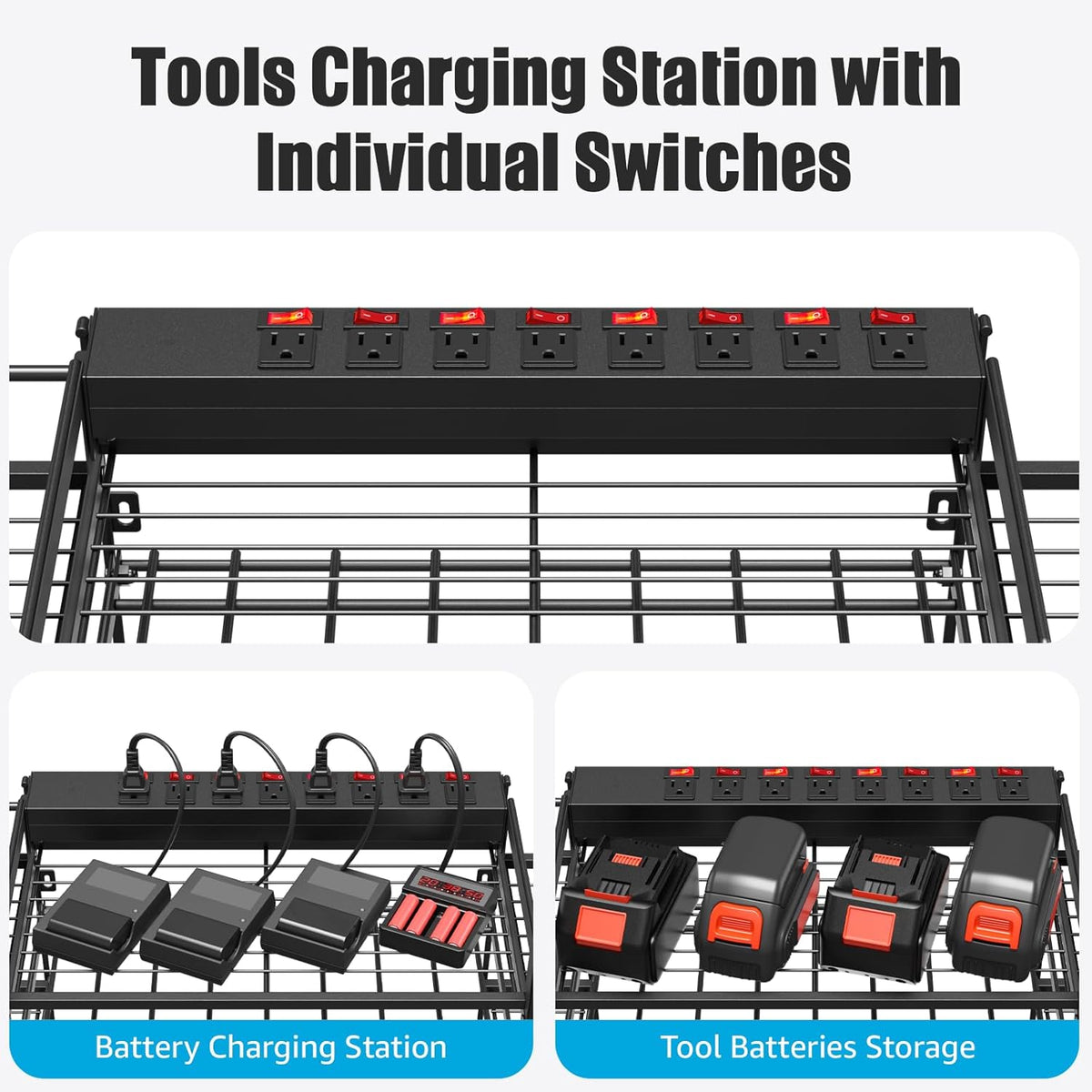 CCCEI Black Power Tool Organizer Wall Mount, Large Tools and Battery Storage Rack Charging Station Individual Switches. Drills Holder, Garage Utility Shelves with 10FT Power Strip. Gift for Men.