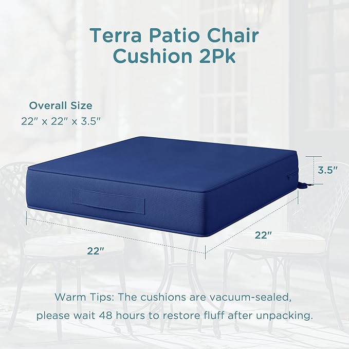 Codi Outdoor Seat Cushions for Patio Furniture 22x22 Inch, Waterproof Chair Cushion with Handles & Adjustable Straps, Fade Resistant - Set of 2, Navy Blue