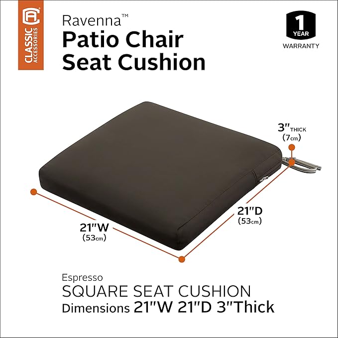 Classic Accessories Ravenna Water-Resistant 21 x 21 x 3 Inch Patio Seat Cushion, Espresso