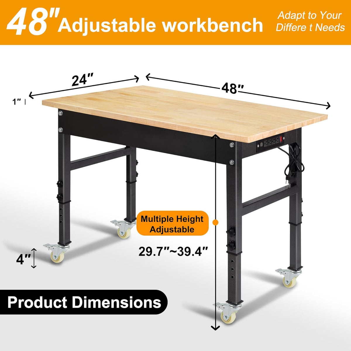 48" Adjustable Work Bench, Rubber Wood Top Workbench Heavy-Duty Work Table with Power Outlet,workbenches Wheels, 2000 LBS Load Capacity Hardwood Work Benches for Garage, Workshop, Home, Office