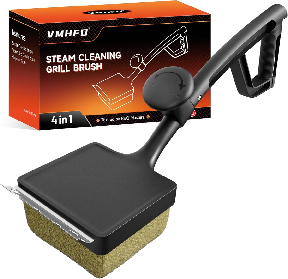 Bristle-Free Pro Grill Brush | Steam Clean Cast Iron & Stainless Grates in 180 Sec | Heavy-Duty Outdoor BBQ Tool for Men - Instant Clean, Black