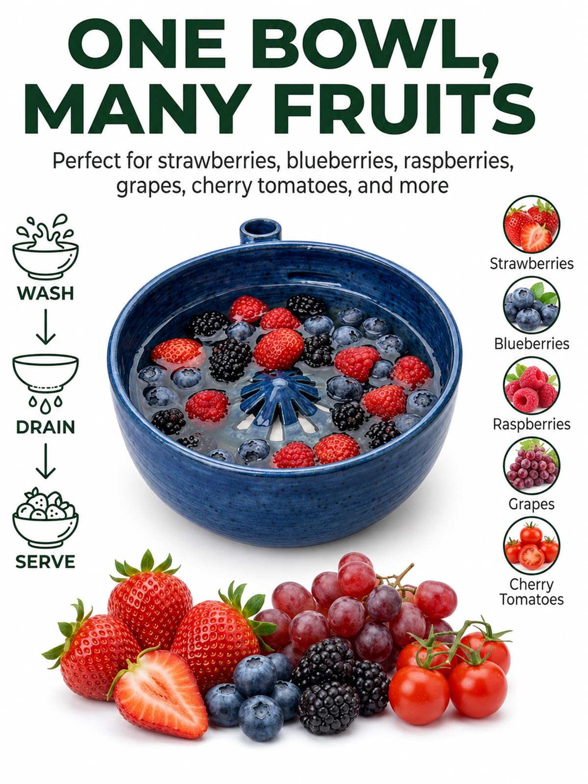 Berry Bowl Fruit Washer with Strainer Holes Ceramic, Ceramic Fruit Bowl Self-Spinning Automatic 360° Swirling Vortex Berry Rinser & Vegetable Colander, Handmade Multipurpose Cleaner Bowl(Blue)