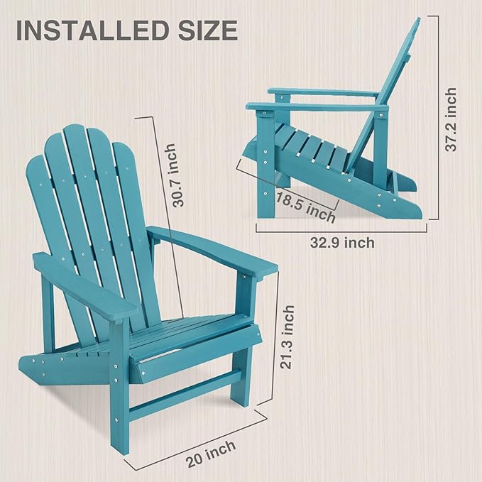 Psilvam Classic Adirondack Chair, Standard-Sized Poly Lumber Fire Pit Chair, 350Lbs Support Weather Resistant Patio Chairs for Garden, Party, Beach(Blue)