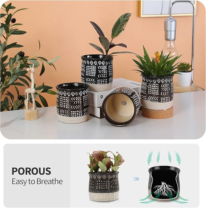 OMAYKEY 4 Inch Ceramic Plant Pot with Tray, Retro Black Small Planters Pots with Drainage Hole & Mesh Pads for Succulent, Indoor Flowers, Snake Plants, Cactus, Herbs, Aloes - 4 Packs