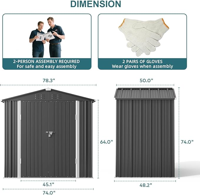 Gizoon Outdoor Storage Shed 6 x 4 FT, Galvanized Metal Garden Shed with Double Lockable Doors, Outdoor Storage Clearance for Backyard Patio Lawn-Dark Grey