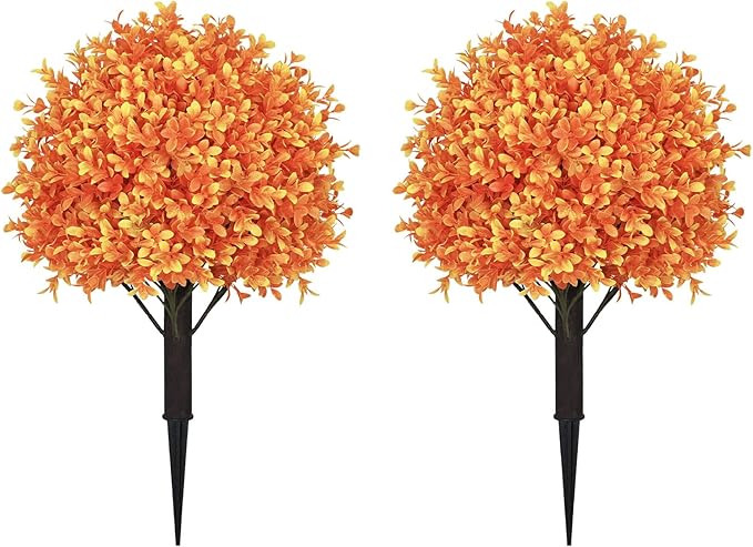 24" Tall Artificial Boxwood Ball Fall Topiary Trees Set of 2, UV Resistant Large Faux Plants Outdoor, 2ft Fake Bushes and Shrubs Look Real with Stake for Front Porch Outside Planter Backyard Decor