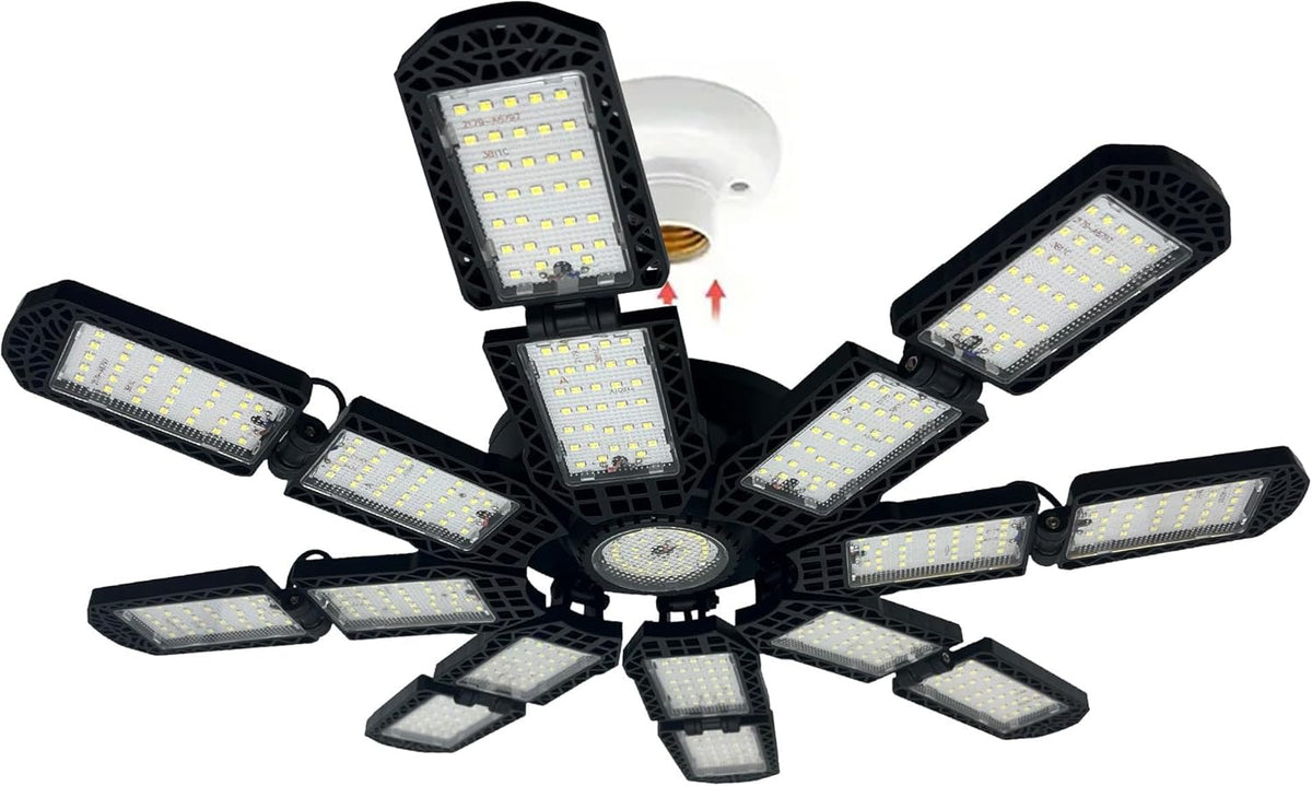 LED Garage Light,Super Bright Screw in E26/E27 Ceiling Shop Work Lamp, 350W 35000 Lumen Deformable Basement Bulb Fixture with 16+1 Adjustable Panels, Lighting for Workshop, Attic
