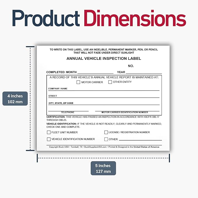 5 Pack Buck Annual Vehicle Inspection Label, 2-Ply Adhesive Vinyl with Mylar Laminate, FMCSA & DOT Compliant, Weatherproof, Tear Resistant, Easy to Write On, 5" x 4" - Made in USA