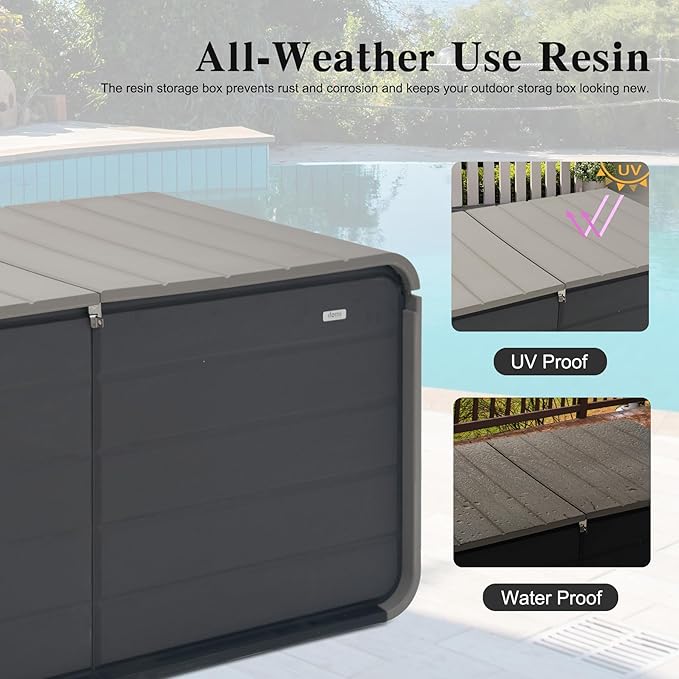 Domi 200 Gallon Resin Deck Box, Waterproof & UV-Resistant Outdoor Large Storage Box Lockable Storage Bin for Patio Cushions Pool Supplies Garden Tools and Delivery Storage