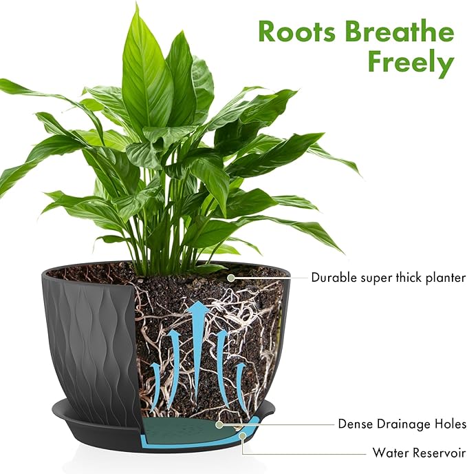 Plant Pots 12/10/9 Inch Pots, Set of 3 Plastic Planters with Drainage Holes and Saucers,Plastic Flower Pots,Nursery Planting Pot for Indoor Out Door Plants（Black）