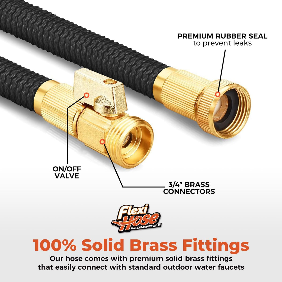 Flexi Hose Lightweight Expandable Garden Hose, No-Kink Flexibility, 3/4 Inch Solid Brass Fittings and Double Latex Core (75 FT, Black)