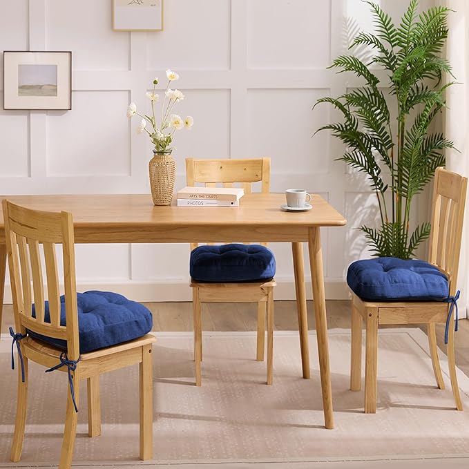 Chair Cushions for Dining Chairs, Dining Chair Cushions, Tufted Indoor Chair Pads with Ties & Non Slip Backing, Seat Cushions for Kitchen Chairs 16.5” x 16.5” x 3.5”, Set of 6, Navy Blue