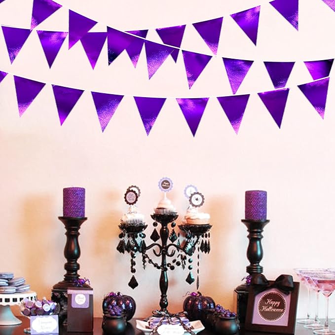 Purple Party Decorations Triangle Pennant Banner Flag Dark Purple Metallic Fabric Bunting Garland for Graduation Wedding Bridal Shower Birthday Anniversary Holiday Halloween Disco Party Supplies