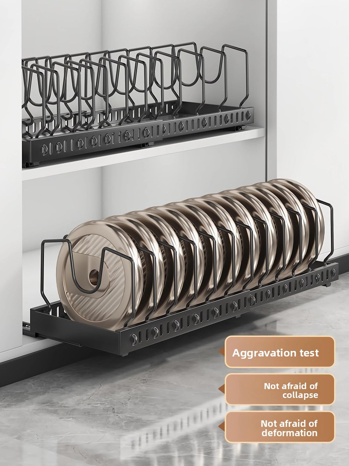 Mnftive pots and pans organizer under cabinet,pot lid organizers inside cabinet holders for kitchen,Horizontal and vertical pulling modes,cast iron storage (White vertical pull-out)