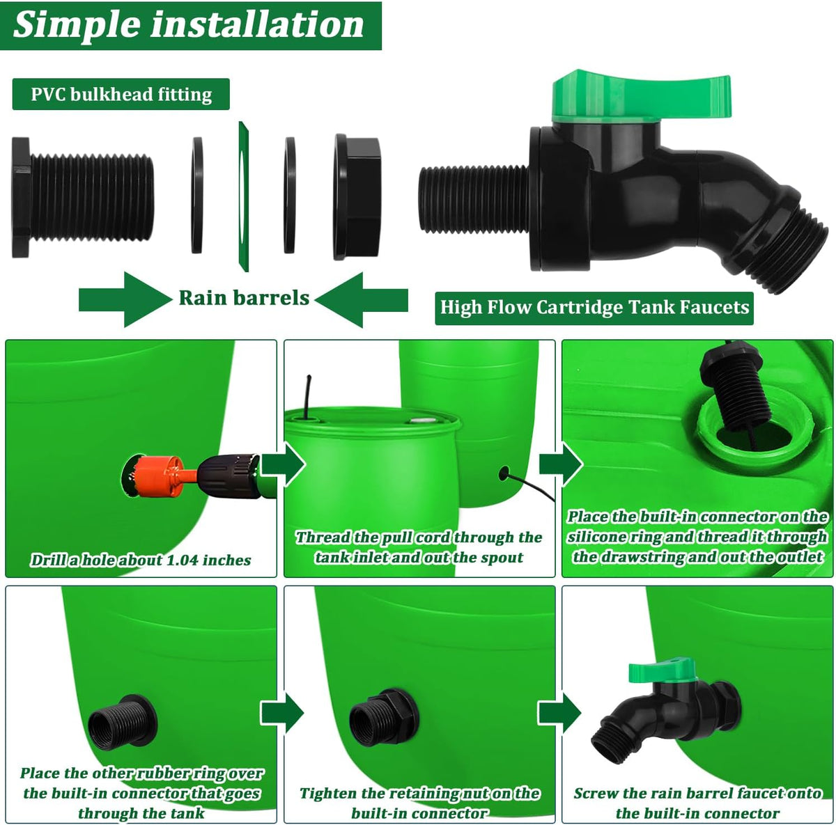 Plastics Rain Barrel Spigot Kit High Flow Valve Core Water Tank Faucet+PVC Bulkhead Fitting 1/2" NPT to 3/4" GHT Rain Barrel Spigot for Plastic Bucket Rainwater Drum Container Downspout Collector in