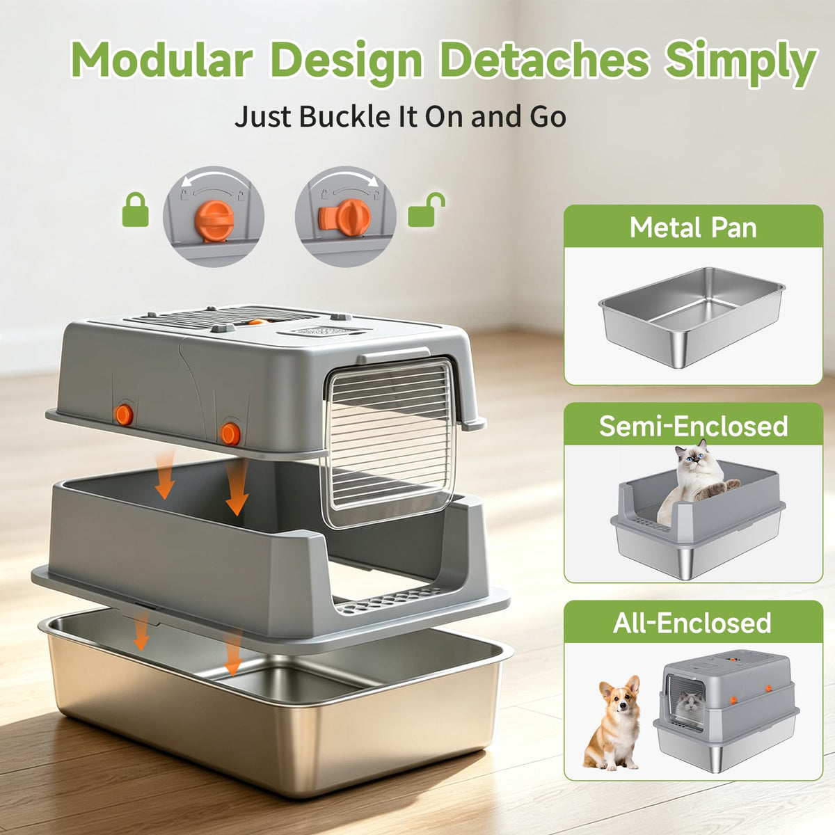 Enclosed Stainless Steel Litter Box, XL Covered MetalPan Includes Mat Scoop