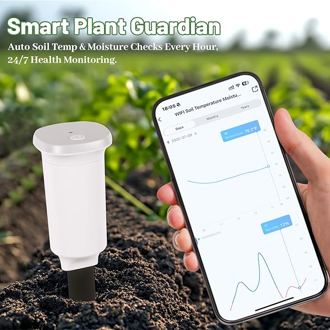 Digital Soil Moisture Meter WiFi for Plants 2-in 1 Soil Moisture/Temperature Meter with App Remote Monitor for Outdoor/Indoor Plants Wireless Smart Soil Moisture Sensor Plant Water Meter Accessories