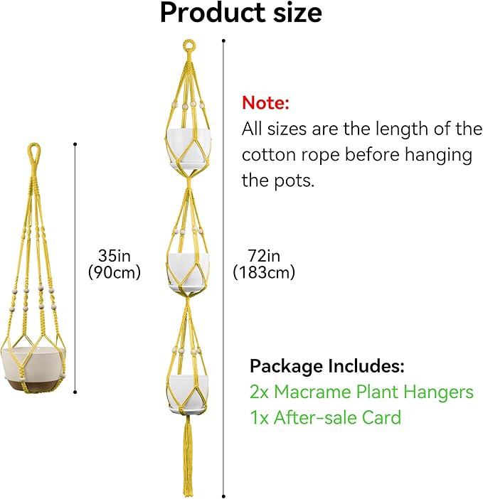 USLAI Macrame Plant Hanger Indoor Outdoor, Up to 4-15 inch Pot, Heavy 20lb Planters, Extra Long Strong Hanging Planter Basket Holder, Boho Home Decor, 35+72 Inch, Yellow (POTS NOT Included)