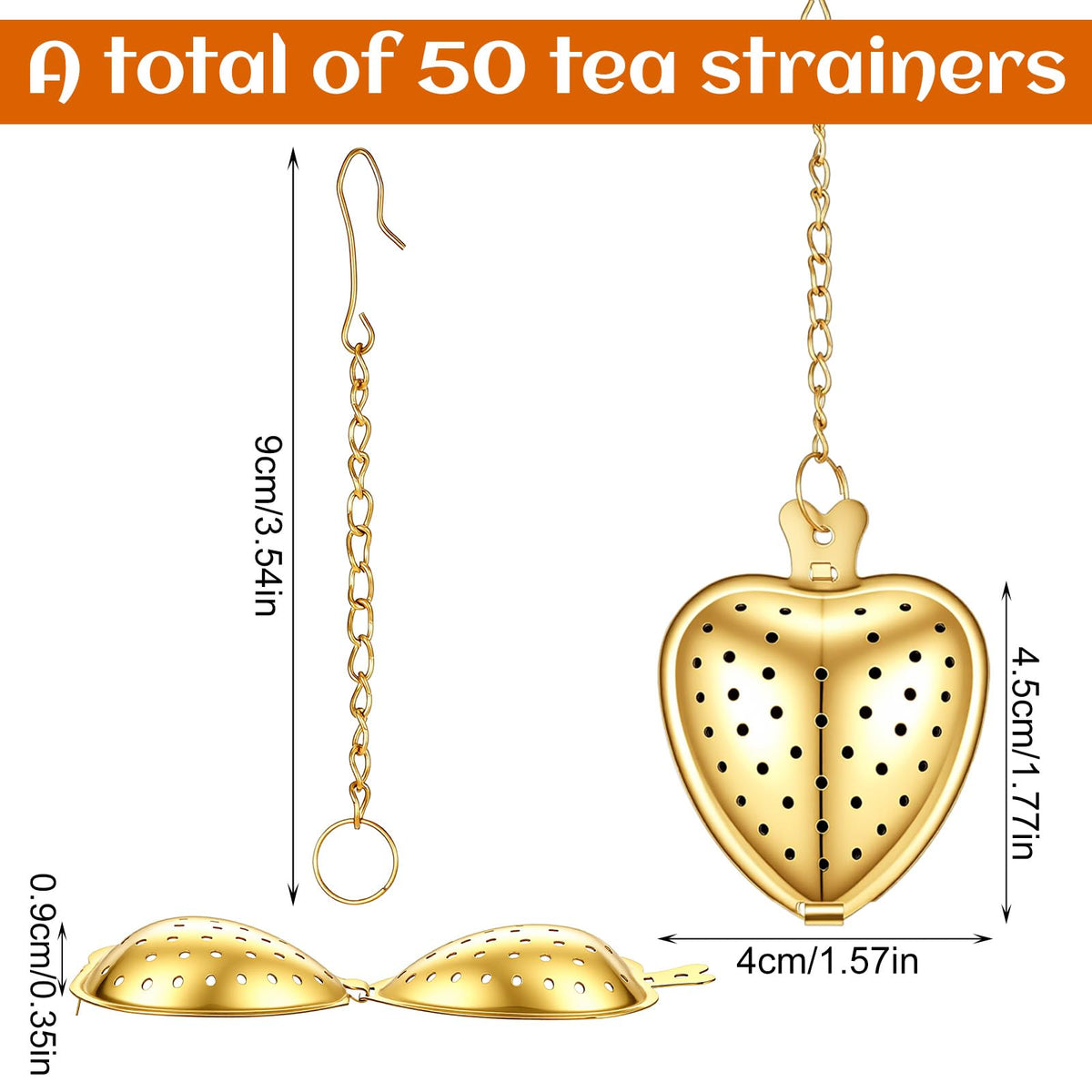 50pcs Heart Shaped Tea Strainers for Loose Tea Filter, Stainless Steel Tea Strainer Ball Infuser Tea Steeper Mesh Filters with Extended Chain Chain Hook for tea party Seasonings Cup Bottle(Gold)