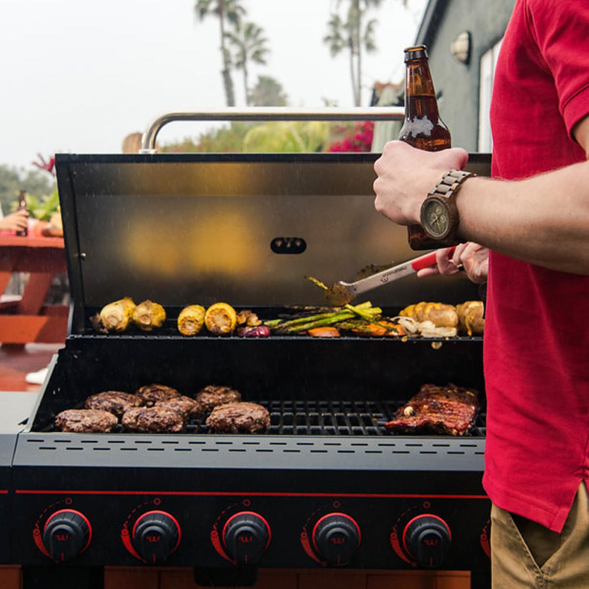 6-Burner Propane Barbecue Gas grill, Side Shelves With Hooks, for Camping, Outdoor Cooking, Patio, Garden Barbecue Grill, Open Cart With Side Tables, Black