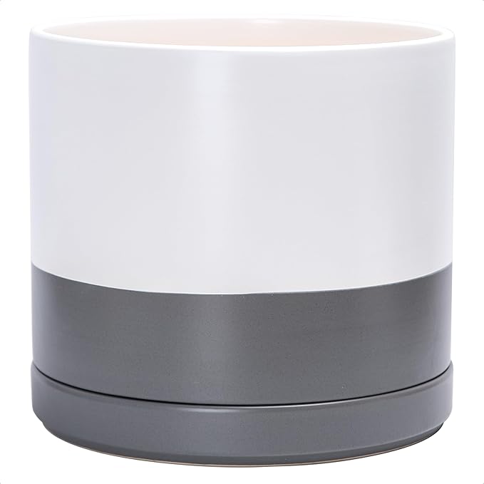 D'vine Dev 14 Inch Ceramic Planter Pot with Drainage Hole and Saucer, Indoor Cylinder Round Planter Pot, White/Speckled Grey, 94-O-G-6