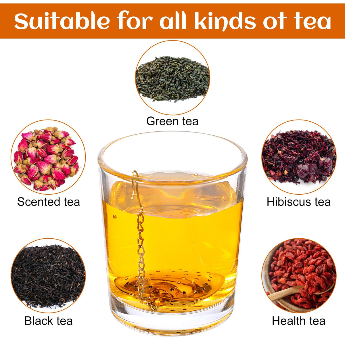 50pcs Heart Shaped Tea Strainers for Loose Tea Filter, Stainless Steel Tea Strainer Ball Infuser Tea Steeper Mesh Filters with Extended Chain Chain Hook for tea party Seasonings Cup Bottle(Gold)