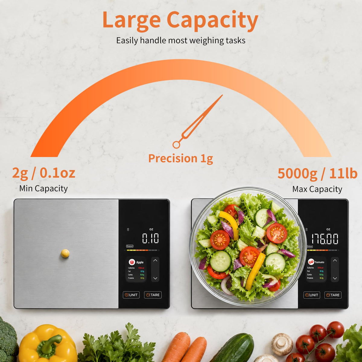 Smart Nutrition Kitchen Scale,Free APP Digital Scale Tracks Calories,Fat, Carbs,Protein,analyzes 24 nutrients,11lb max Load, gram/Ounce Conversion, Stainless Steel for Weight Loss, Baking & Meal prep.