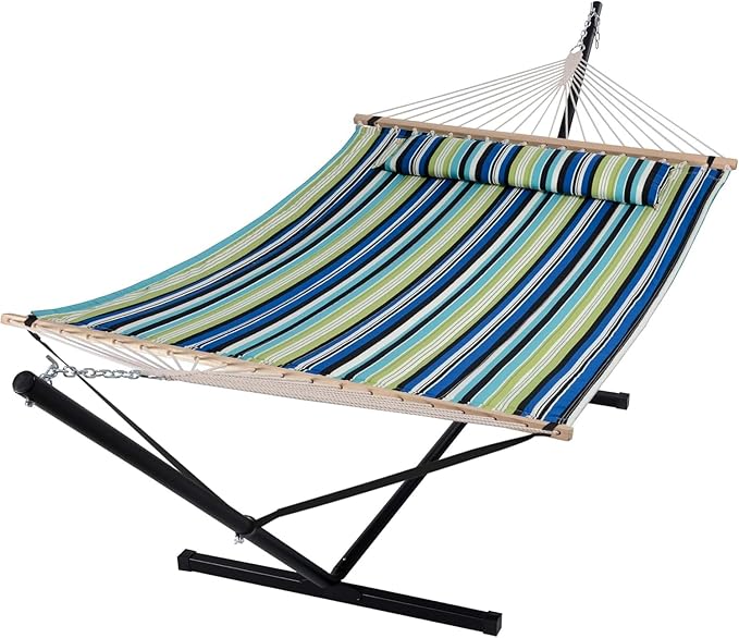 SUNCREAT Hammock with Stand 2 Person Heavy Duty, Freestanding Hammock with Spreader Bar, Soft Pillow, Green Stripes