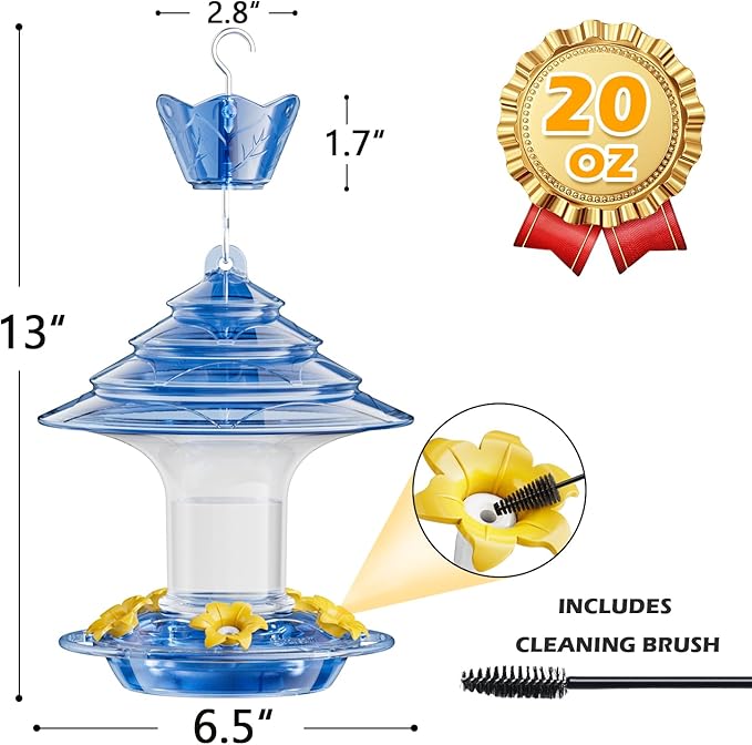 Birdream Hummingbird Feeder for Outdoors Hanging 40oz 10 Feeding Ports, 2 Pack Humming Bird Feeder with Ant Moat Brush Leak Proof - Blue
